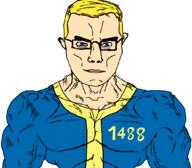 1488 arm blue_eyes buff closed_mouth clothes fallout glasses looking_at_you muscles subvariant:muscular_chud variant:chudjak vault_boy yellow_teeth // 1059x929 // 90.6KB