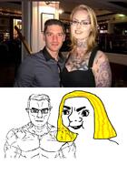 arm brainlet buff closed_mouth clothes ear femjak glasses hair height irl manlet soyjak subvariant:chudjak_front subvariant:muscular_chud tshirt variant:chudjak vein wojak woman yellow_hair // 534x730 // 83.6KB