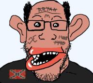 1488 amerimutt balding brown_skin clothes confederate ear lips nazism swastika tattoo trend:aryan variant:markiplier_soyjak white_supremacist // 574x515 // 89.5KB