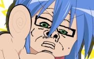 anime blue_hair female glasses green_eyes hair hand izumi_konata lucky_star mustache pointing pointing_at_viewer soyjak variant:a24_slowburn_soyjak white_skin // 1920x1200 // 1.5MB
