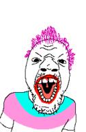clothes hair mustache open_mouth purple_hair soyjak stubble tranny variant:unknown // 168x255 // 7.5KB