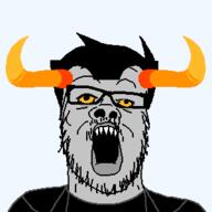 clothes glasses grey_skin hair homestuck horn open_mouth sharp_teeth soyjak stubble tavros_nitram troll_(homestuck) variant:a24_slowburn_soyjak yellow_sclera zodiac // 300x300 // 5.7KB
