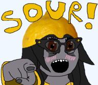 brown_eyes glasses grey_skin hair lemon lemon_(user) open_mouth pointing pointing_at_viewer sourtan variant:soytan // 436x382 // 51.0KB