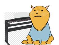 animal blue_shirt cat green_eyes keyboard keyboard_cat meme orange orange_fur series:animaljaks sitting subvariant:impish_meowjak tail variant:impish_soyak_ears white_background // 850x650 // 137.6KB