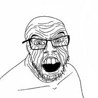 angry bloodshot_eyes glasses open_mouth soyjak stubble ugly variant:feraljak wrinkles // 1000x1000 // 87.6KB