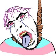 bloodshot_eyes crying dead feraljak_won flag flag:transgender_pride_flag glasses hair hanging makeup noose open_mouth purple_hair rope soyjak stubble suicide tongue tranny variant:cobson yellow_teeth // 1500x1500 // 60.8KB