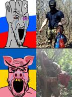 2soyjaks animal balaclava beard beheaded black_eye blood bloodshot_eyes country crying ear emoticon eyelashes flag full_body glasses holding_object knife large_eyebrows large_nose mustache open_mouth pig politics russia snout soyjak stretched_mouth stubble tongue ukraine variant:bernd variant:chudjak variant:markiplier_soyjak variant:soyak vatnik vein war_crime yellow_teeth // 715x961 // 473.8KB