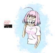 arm art asian biting_finger buck_teeth clothes drawfag drawing dyed_hair female finger glasses gook hair hand pink_hair request riamu_yumemi skull soyjak text tshirt variant:soykio_kid white_skin // 2156x2079 // 1.1MB