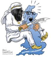 angry ben_garrison britian crying genie_shoes gigachad hand holding_object islam jihad jihadist keffiyeh necklace sword terrorism terrorist text thob united_kingdom variant:soyak // 1350x1510 // 1.7MB