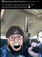 2soyjaks beanie beard ear glasses gun hair irl_background open_mouth pistol soyjak twitter variant:feraljak variant:kuzjak // 673x901 // 423.8KB