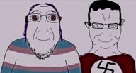 analog_horror animated closed_mouth creepy crossdressing ear glasses hair horror mustache nazism no_nose open_mouth purple_hair smile soyjak stubble subvariant:chudjak_front swastika tranny variant:bernd variant:chudjak video // 1272x692, 25.7s // 837.5KB