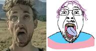 ahegao alive curly_hair flag glasses hair irl lipstick looking_up mountain mustache open_mouth purple_hair purple_tongue soyboy soyjak stubble subvariant:nubernd tongue tranny variant:bernd yellow_teeth // 663x348 // 204.2KB