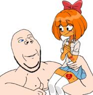 arm barcode blue_eyes bowtie buff clothes female hair hand holding_object looking_at_each_other mymy necktie nipple ongezellig orange_hair orange_skin queen_of_hearts skirt smile soyjak stubble subvariant:wholesome_soyjak swolesome tags variant:gapejak wink // 1020x1050 // 500.2KB