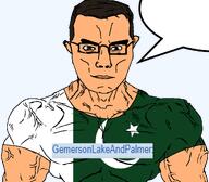 arm blue_eyes brown_eyes buff closed_mouth clothes flag flag:pakistan gemersonlakeandpalmer_(user) glasses hair light_brown_skin pakistan pakistani soyjak speech_bubble star_(symbol) star_and_crescent subvariant:chudjak_front subvariant:muscular_chud text transparent_background tshirt variant:chudjak vein white_skin // 1059x929 // 121.5KB