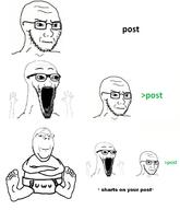 crossed_arms deformed diaper foot full_body glasses greentext hand hands_up multiple_soyjaks open_mouth sharts_on_your_post sitting smile soyjak stretched_mouth stubble subvariant:wholesome_soyjak variant:gapejak variant:soyak // 1292x1500 // 443.7KB