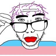 closed_mouth clothes flag glasses hair hand holding_object lipstick purple_hair soyjak stubble tranny variant:sobot // 548x548 // 13.0KB