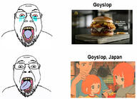 2soyjaks advertisement angry anime balding bloodshot_eyes crying fast_food glasses goyslop hamburger japan mcdonalds open_mouth place_japan red_eyes soyjak stubble text tongue variant:bernd yellow_teeth // 1080x780 // 345.2KB