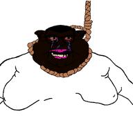 black_skin closed_mouth clothes ear fat glasses hair hanging red_lips rope subvariant:branigger subvariant:meximutt_front2 teeth tshirt variant:brandon variant:meximutt yellow_sclera // 1675x1583 // 56.8KB