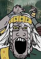 arm braids clothes crown elden_ring glasses godrick_the_grafted grey_skin hand headband open_mouth soyjak stubble variant:markiplier_soyjak video_game white_hair yellow_eyes // 598x852 // 238.2KB