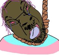 ack brown_skin brown_troonjak distorted flag flag:transgender_pride_flag glasses open_mouth purple_hair rope soyjak stubble tranny variant:bernd // 768x719 // 62.9KB