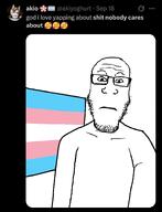 arm body closed_mouth glasses neutral selfie shitnobodycaresabout snca soyjak stubble subvariant:neutralplier transgender_flag twitter variant:markiplier_soyjak // 719x937 // 107.4KB