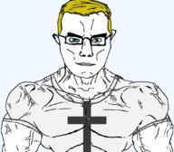 abrahamic angry aryan blue_eyes christian_cross christian_identity christianity clothes cross crucifix facing_front glasses muscles religion religious soyjak subvariant:chudjak_front subvariant:muscular_chud symbol transparent_background variant:chudjak vein white_skin yellow_hair // 1059x929 // 82.2KB