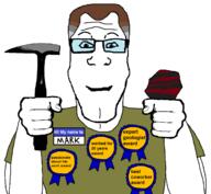 arm award brown_hair cleanjak cleft_chin closed_mouth clothes effortson expert_geologist_award fist geology glasses grey_hair hair hammer hand holding_object name_tag normie reverse_slopjak rock shaved smile stone subvariant:neutralplier tshirt variant:markiplier_soyjak work // 1216x1124 // 57.5KB