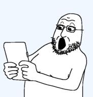 fat gape gaping_mouth glasses holding_object holding_phone man_tits mouth_open nuvariant soyjak stubble surprised variant:firstjak // 427x449 // 7.6KB