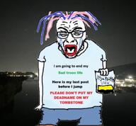 arm clothes crying fat full_body glasses holding_object obese paper red_lips sign soyjak stubble text tranny tshirt variant:rupturejak // 557x516 // 39.7KB