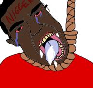 black_skin bloodshot_eyes clothes crying cum glasses hair hanging nigger open_mouth rope soyjak subvariant:patrick suicide text tongue variant:chudjak yellow_teeth // 768x719 // 339.4KB