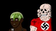 background black_background black_lives_matter black_skin blm_logo clothes eagle ear fist flag:nazi_germany glasses hat helmet nazi_flag nazi_germany nazism open_mouth scared shadow stubble subvariant:muscular_chud subvariant:soyak_(concerned) swastika symbol totenkopf variant:chudjak variant:soyak watermelon white_skin yellow_teeth // 1117x633 // 300.3KB