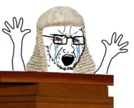 arm bloodshot_eyes crying glasses hair hand hands_up judge open_mouth soyjak stubble table variant:soyak // 700x570 // 330.1KB