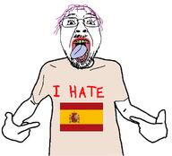 arm clothes flag:spain glasses hair hand hispanophobia i_hate lipstick mustache open_mouth pointing purple_hair safe_edgy soyjak stubble tongue tranny tshirt variant:bernd variant:shirtjak // 1000x905 // 241.5KB