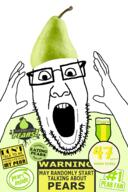 badge food foodjak fruit glasses open_mouth pear soyjak stubble text variant:ppp // 1000x1497 // 529.1KB