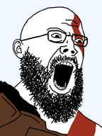 armor beard clothes glasses kratos nuvariant open_mouth soyjak tattoo variant:kratosjak white_skin // 600x800 // 23.7KB
