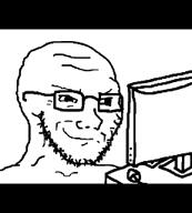 animated bald closed_mouth computer computer_mouse ear glasses looking_to_the_right music open_mouth scared smile smirk smug soyjak stubble subvariant:doctos teeth tongue variant:soyak video // 230x254, 6.1s // 383.7KB