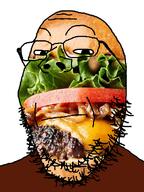 cheese closed_mouth eyebrows eyes frown glasses hamburger stubble suspicious variant:gapejak white_background // 812x1080 // 802.4KB