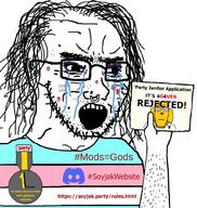 2soyjaks 404 acne animal arm badge bloodshot_eyes clothes crying discord dog ear glasses hair hairy hand holding_object its_over janny makeup medal open_mouth soot_colors soyjak soyjak_party stubble text tranny variant:markiplier_soyjak variant:soyak yellow_skin // 965x1016 // 419.2KB