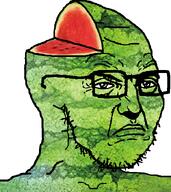 alternate angry closed_mouth food frown fruit glasses green_skin looking_to_the_right punisher_face series:fruiterz! soyboy soyjak stubble subvariant:soyak_34 variant:soyak watermelon white_background wojak wrinkles // 605x678 // 388.1KB