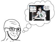 anime closed_mouth clothes computer crying duel glasses green_eyes hair hand hands_up headphones multiple_soyjaks open_mouth redraw screen smug soyjak speech_bubble stubble text thinking thought_bubble tomoko tshirt variant:a24_slowburn_soyjak variant:gapejak variant:markiplier_soyjak variant:soyak variant:tony_soprano_soyjak video_game yoshi // 1634x1223 // 119.9KB