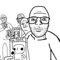 4soyjaks arm buck_teeth closed_mouth funko_pop glasses grin hand holding_object neutral soyjak stubble text variant:unknown // 1000x1000 // 26.3KB