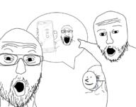 5soyjaks arm bloodshot_eyes calarts clothes crying glasses grin hand holding_object holding_phone iphone mask mustache neutral open_mouth phone pointing smile so_true soyjak speech_bubble stubble subvariant:neutralplier subvariant:phoneplier subvariant:phoneplier_vertical tshirt variant:markiplier_soyjak variant:soyak variant:two_pointing_soyjaks variant:wojak wojak // 750x593 // 201.0KB