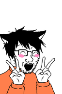 black_hair blush cat_ear closed_eyes clothes glasses hair hand hands_up happy meta:not_oc neck open_mouth orange_shirt peace_sign soiboi stubble teeth variant:soyak white_background white_skin // 1000x1500 // 85.0KB