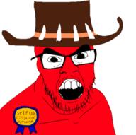 angry award big_eyebrows clothes crocodile_dundee_hat embedded_'p glasses hat open_mouth red_skin seething self_portrait selfish_little_fuck slimdustyfan27 stubble variant:feraljak // 746x742 // 135.1KB