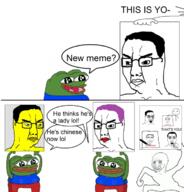amphibian angry asian closed_mouth crying crying_wojak frog glasses hair hand lipstick nas:pepe open_mouth pepe_the_frog pointing pointing_at_viewer pol_(4chan) purple_hair small_eyes soyjak speech_bubble subnas:apu subvariant:chuddy subvariant:pol_face text tranny variant:chudjak wojak // 680x709 // 307.5KB