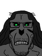 angry black_sclera clenched_teeth closed_mouth dark_hair glasses green_eyes grey_skin grey_teeth long_hair mustache no_nose soyjak stubble variant:markiplier_soyjak warlock_(nes_godzilla) // 594x800 // 66.0KB