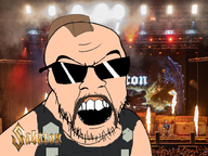1soyjaks angry armor band beard brown_hair flames glasses irl_background joakim logo looking_at_you metal_(music) mouth_open sabaton stage stubble sunglasses swedish_win variant:feraljak // 800x600 // 489.7KB