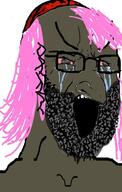 beard black_skin bloodshot_eyes brown_troonjak clothes crying glasses hair hat judaism kippah open_mouth pink_hair soyjak stretched_mouth tranny variant:soyak // 636x1000 // 559.5KB