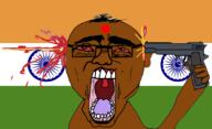 arm bindi bloodshot_eyes brown_skin country dead firearm flag glasses gun hair hand holding_gun holding_object holding_pistol india indian nsfw open_mouth pistol shot soyjak subvariant:suicide_chud suicide variant:chudjak weapon // 1109x673 // 425.1KB
