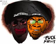 #fuckfroot #stepdownfroot beard black_skin bloodshot_eyes clothes distorted drawing drawn_background ear froot glasses hat jartycuck nigger oekaki ominous orange_skin political_cartoon politics slopjak smile subvariant:chudjak_front subvariant:jartycuck variant:chudjak variant:gapejak // 1011x800 // 396.6KB